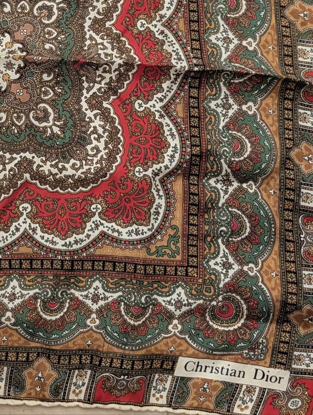 Vintage Silk Christian Dior Neck Scarf in Red, Green & Brown